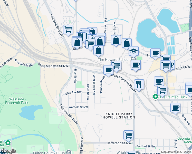 map of restaurants, bars, coffee shops, grocery stores, and more near 1091 Longley Avenue Northwest in Atlanta