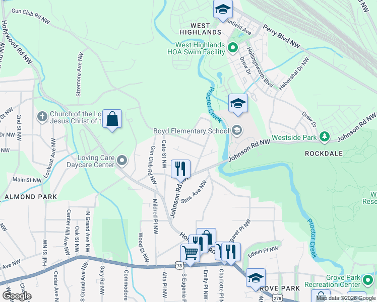 map of restaurants, bars, coffee shops, grocery stores, and more near 1985 Lois Place Northwest in Atlanta