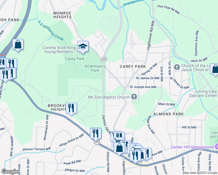 map of restaurants, bars, coffee shops, grocery stores, and more near 1088 Wedgewood Drive Northwest in Atlanta