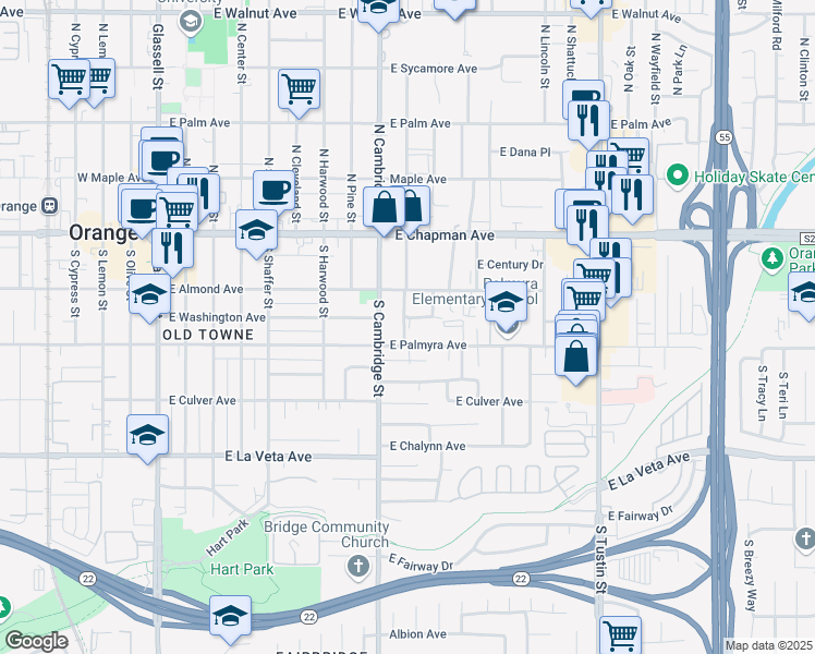 map of restaurants, bars, coffee shops, grocery stores, and more near 1004 East Washington Avenue in Orange