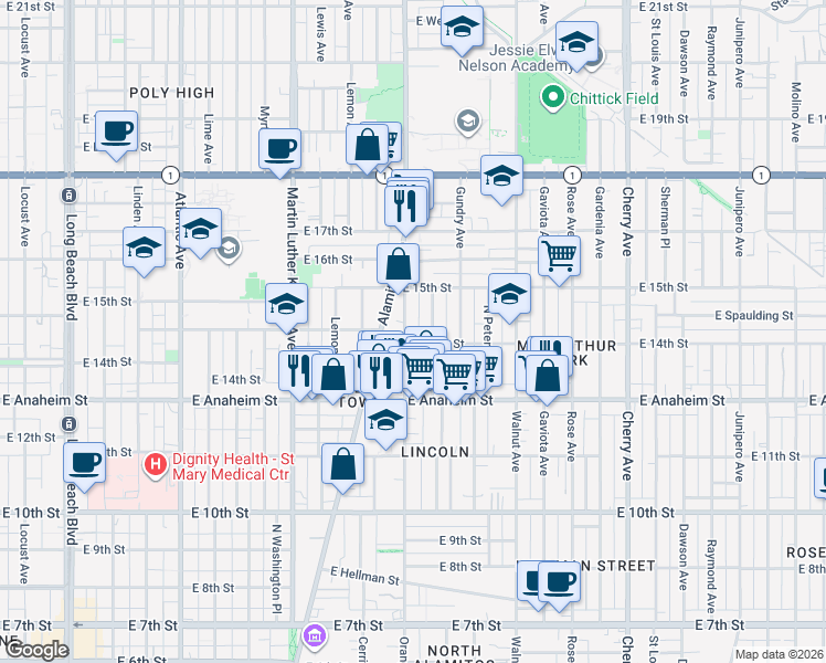 map of restaurants, bars, coffee shops, grocery stores, and more near in Long Beach