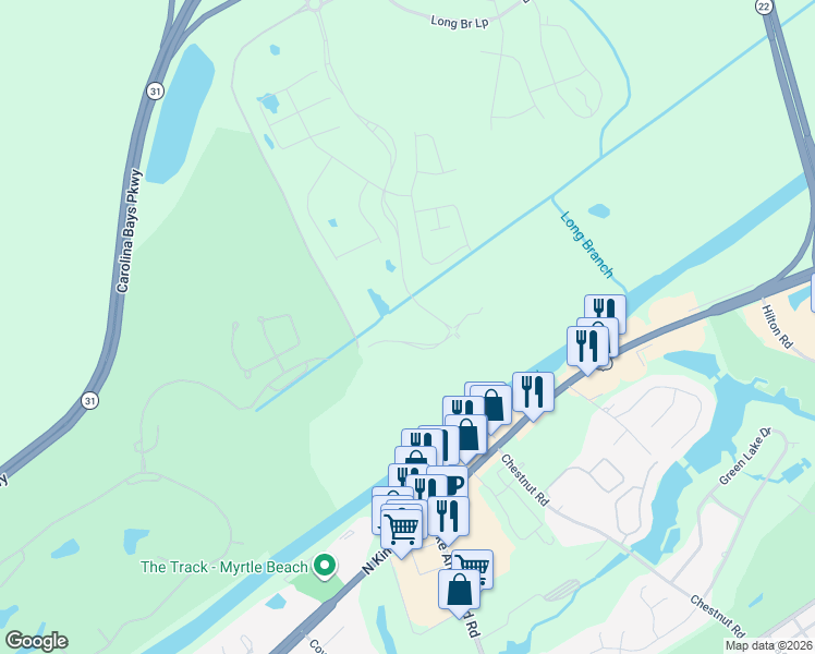 map of restaurants, bars, coffee shops, grocery stores, and more near Water Tower Road in Longs