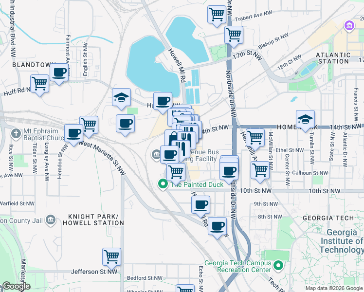 map of restaurants, bars, coffee shops, grocery stores, and more near in Atlanta