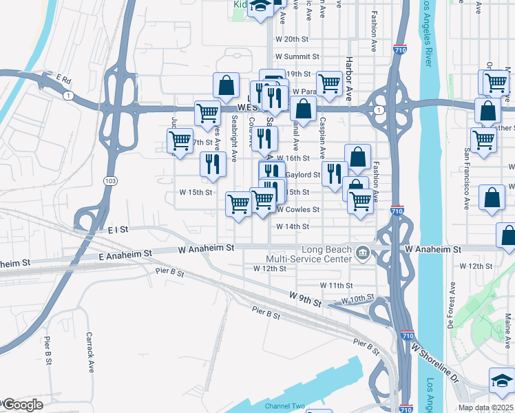 map of restaurants, bars, coffee shops, grocery stores, and more near 1740 West Cowles Street in Long Beach