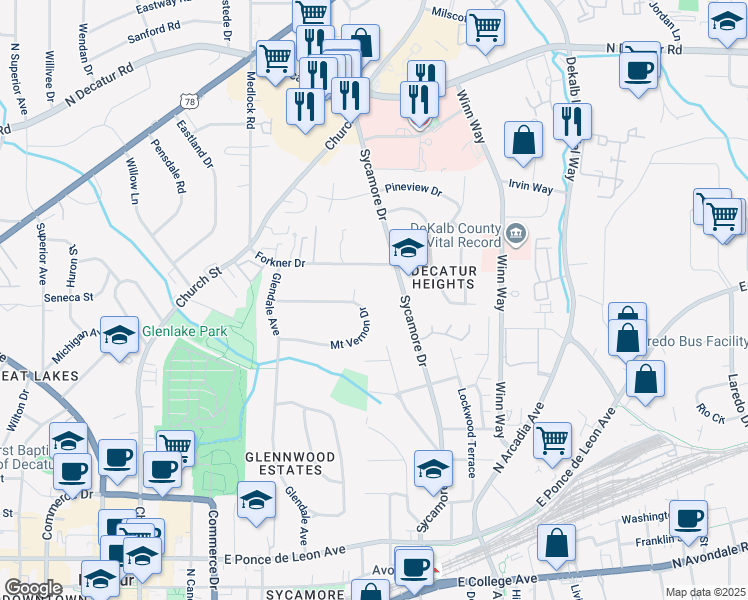 map of restaurants, bars, coffee shops, grocery stores, and more near 209 Mount Vernon Drive in Decatur