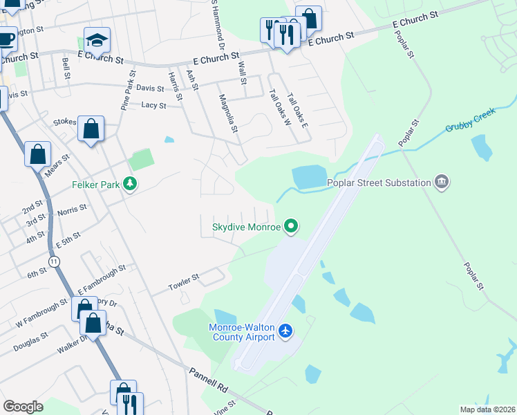 map of restaurants, bars, coffee shops, grocery stores, and more near 1043 Wheel House Lane in Monroe