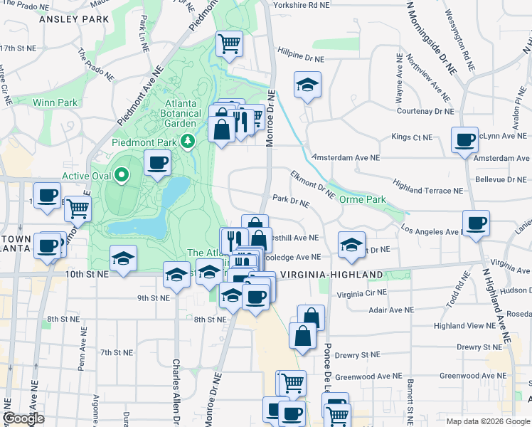 map of restaurants, bars, coffee shops, grocery stores, and more near 1095 Monroe Drive Northeast in Atlanta