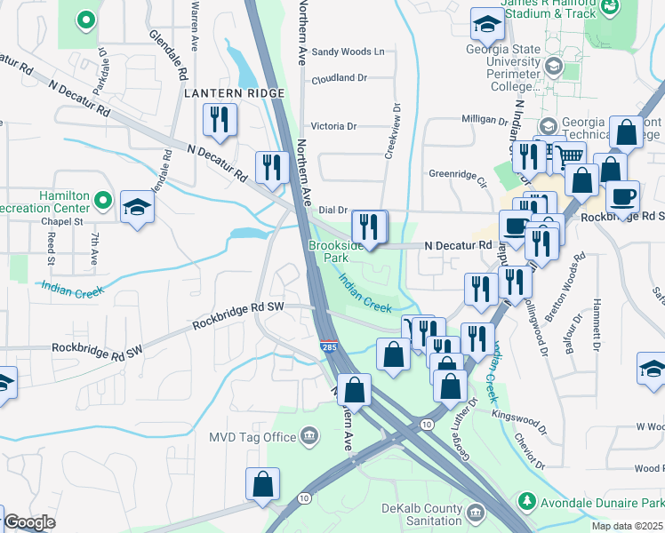 map of restaurants, bars, coffee shops, grocery stores, and more near 3661 Decatur Avenue in Scottdale