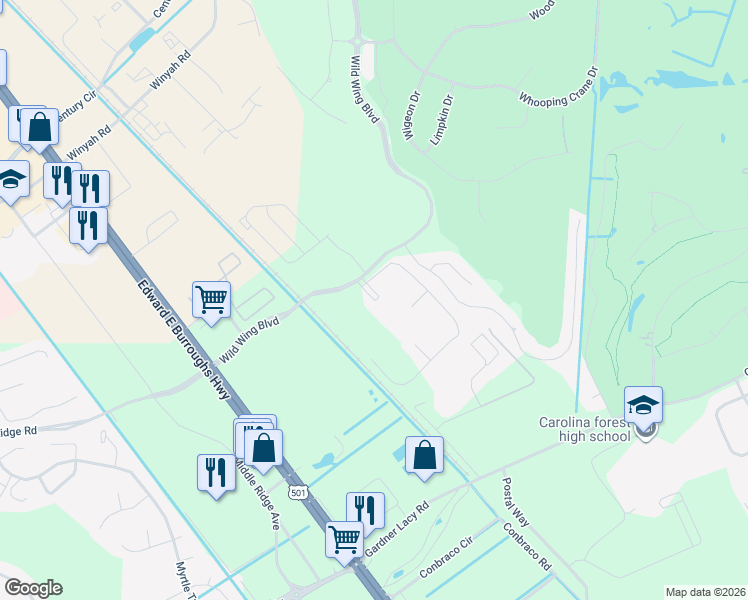 map of restaurants, bars, coffee shops, grocery stores, and more near 340 Kiskadee Loop in Conway