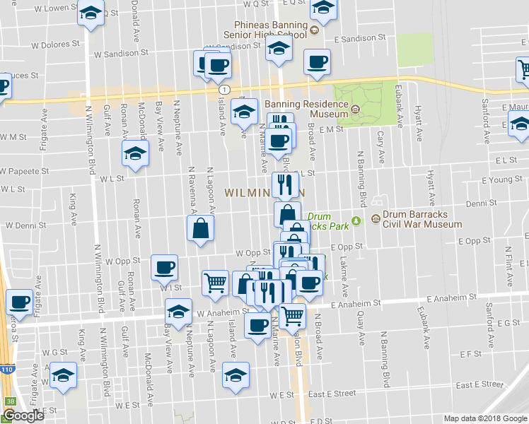map of restaurants, bars, coffee shops, grocery stores, and more near 1105 North Marine Avenue in Los Angeles