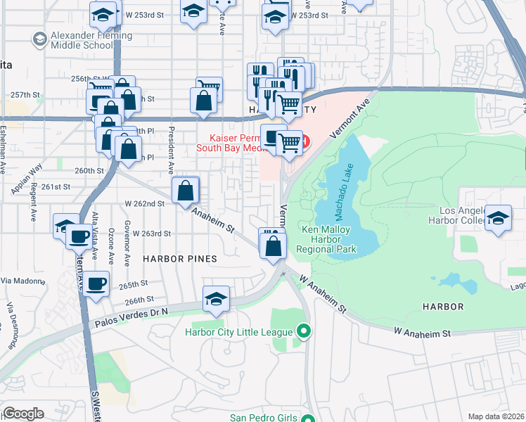 map of restaurants, bars, coffee shops, grocery stores, and more near 26200 Frampton Avenue in Los Angeles