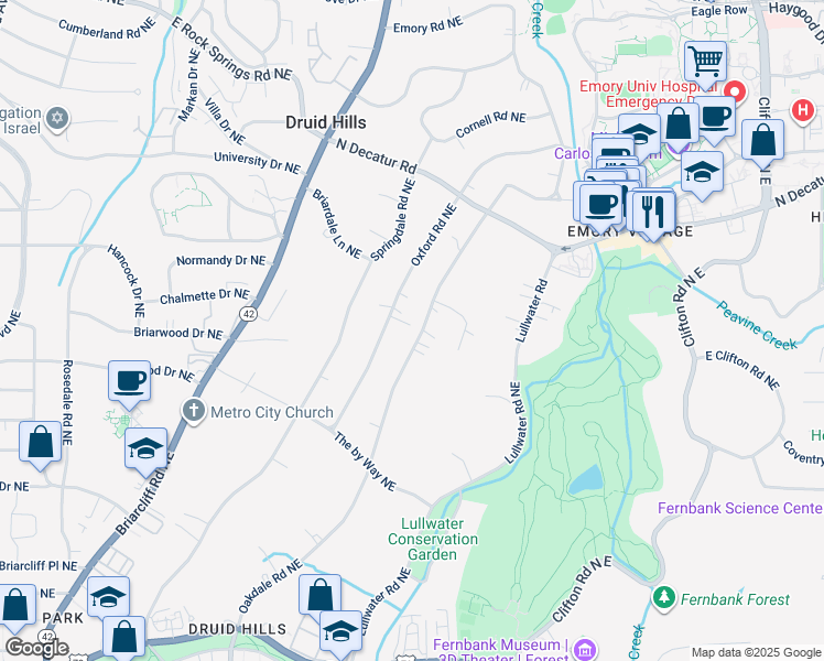 map of restaurants, bars, coffee shops, grocery stores, and more near 1090 Oakdale Road Northeast in Atlanta