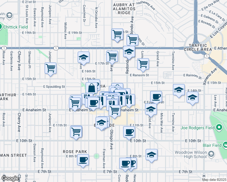 map of restaurants, bars, coffee shops, grocery stores, and more near 1420 Obispo Avenue in Long Beach