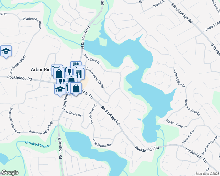 map of restaurants, bars, coffee shops, grocery stores, and more near 257 Winding Waters Court in Stone Mountain