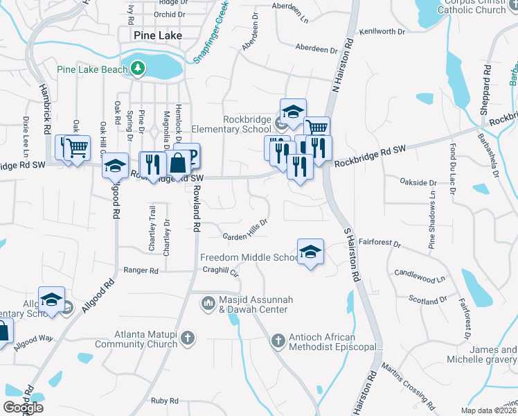 map of restaurants, bars, coffee shops, grocery stores, and more near 4681 Brookspring Way in Stone Mountain
