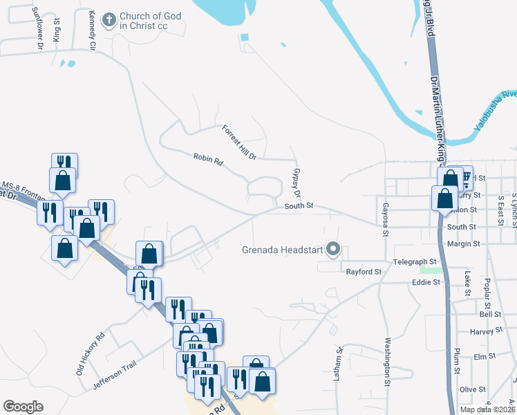 map of restaurants, bars, coffee shops, grocery stores, and more near 896-960 South Sundown Drive in Grenada