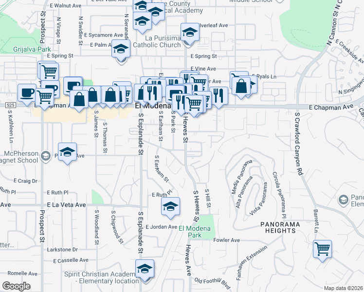 map of restaurants, bars, coffee shops, grocery stores, and more near 4505 East Philo Avenue in Orange