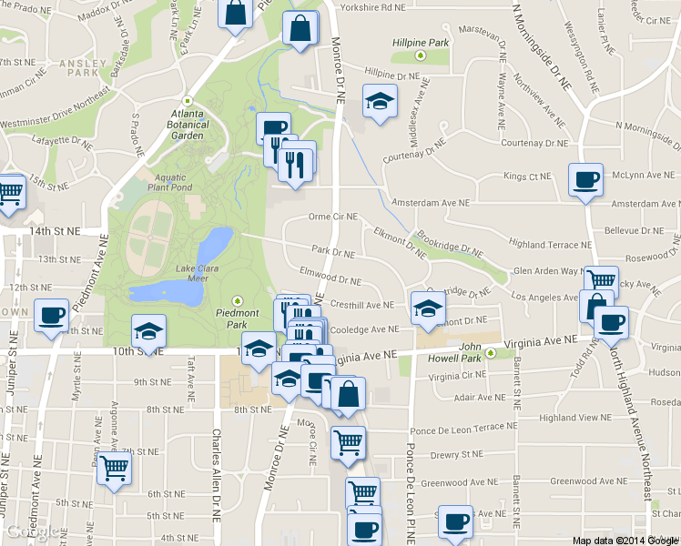 map of restaurants, bars, coffee shops, grocery stores, and more near 626 Elmwood Drive Northeast in Atlanta