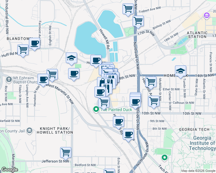 map of restaurants, bars, coffee shops, grocery stores, and more near in Atlanta