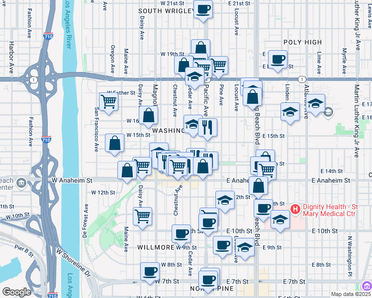 map of restaurants, bars, coffee shops, grocery stores, and more near 1415 Cedar Avenue in Long Beach