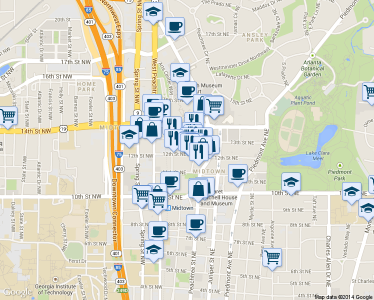 map of restaurants, bars, coffee shops, grocery stores, and more near 80 12th Street in Atlanta