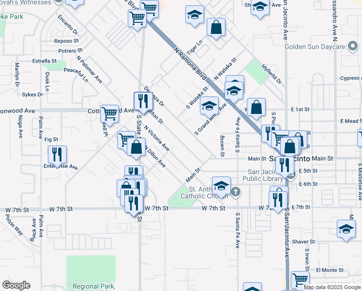 map of restaurants, bars, coffee shops, grocery stores, and more near 210 North Brinton Street in San Jacinto