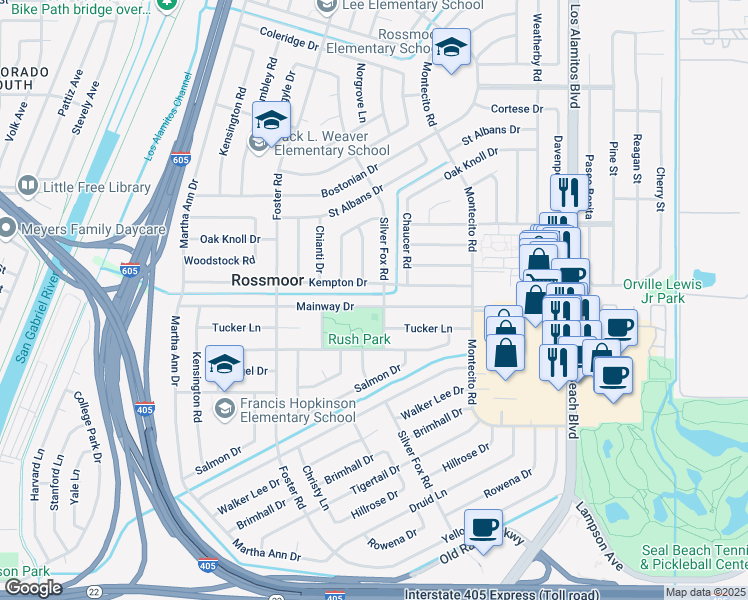 map of restaurants, bars, coffee shops, grocery stores, and more near 3071 Mainway Drive in Los Alamitos
