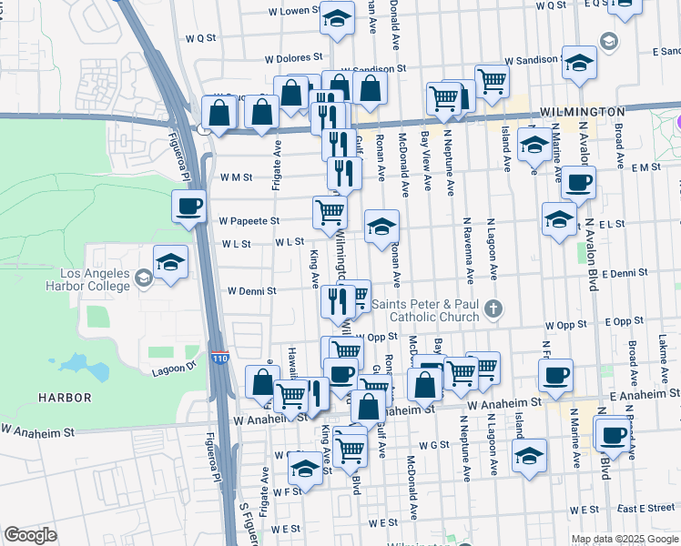map of restaurants, bars, coffee shops, grocery stores, and more near 1115 North Wilmington Boulevard in Los Angeles