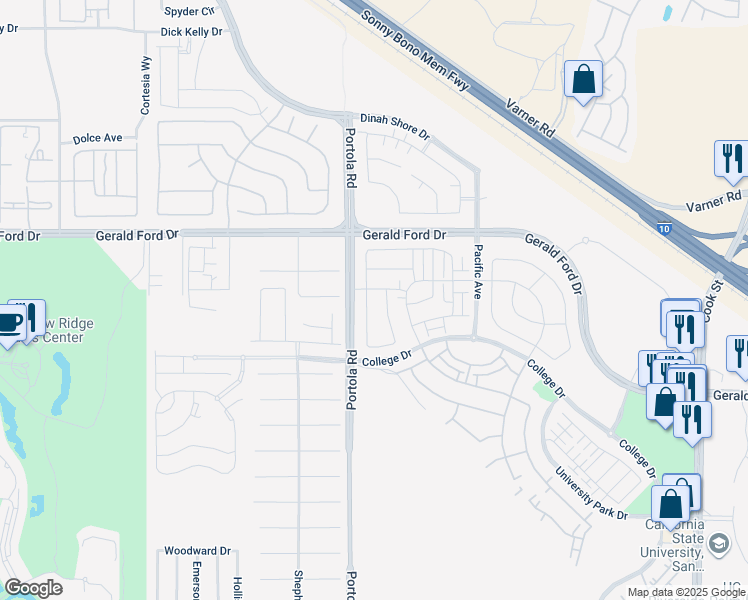 map of restaurants, bars, coffee shops, grocery stores, and more near 74147 Windflower Court in Palm Desert