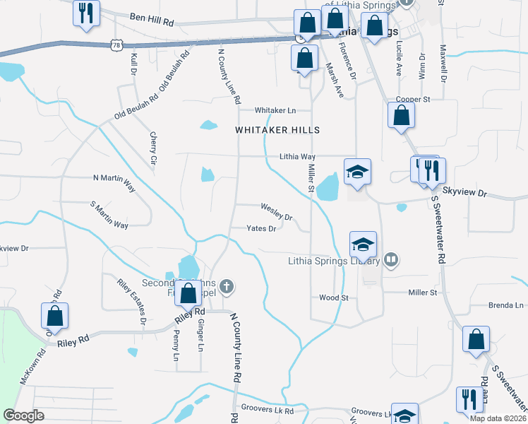 map of restaurants, bars, coffee shops, grocery stores, and more near 3842 Wesley Drive in Lithia Springs
