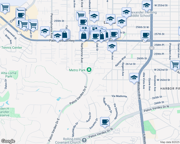map of restaurants, bars, coffee shops, grocery stores, and more near 26221 Oak Street in Lomita