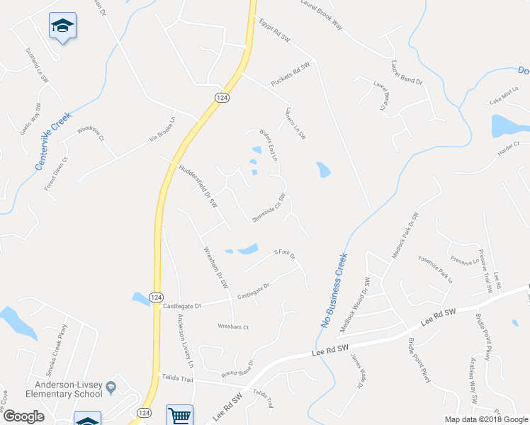 map of restaurants, bars, coffee shops, grocery stores, and more near Shoreside Circle Southwest in Snellville