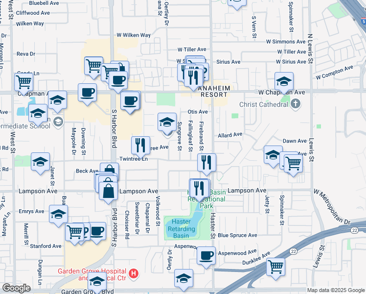 map of restaurants, bars, coffee shops, grocery stores, and more near 12292 Sungrove Street in Garden Grove