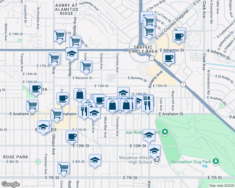 map of restaurants, bars, coffee shops, grocery stores, and more near E 14th St & N Termino Ave in Long Beach