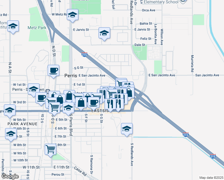 map of restaurants, bars, coffee shops, grocery stores, and more near 250 Wilkerson Avenue in Perris