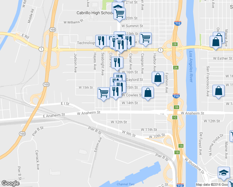 map of restaurants, bars, coffee shops, grocery stores, and more near 1445 Santa Fe Avenue in Long Beach