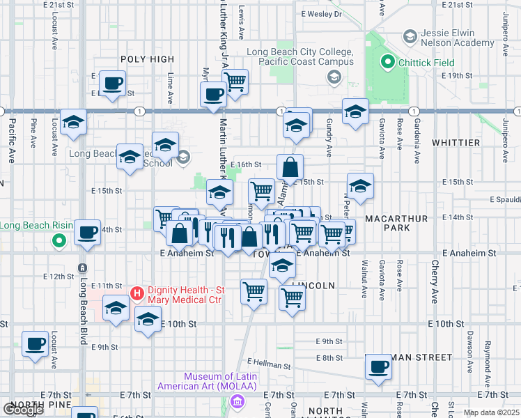 map of restaurants, bars, coffee shops, grocery stores, and more near 1150 East New York Street in Long Beach