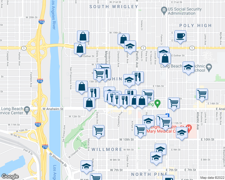 map of restaurants, bars, coffee shops, grocery stores, and more near 850 Henderson Ave in Long Beach