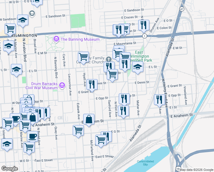 map of restaurants, bars, coffee shops, grocery stores, and more near 1049 Sanford Avenue in Los Angeles