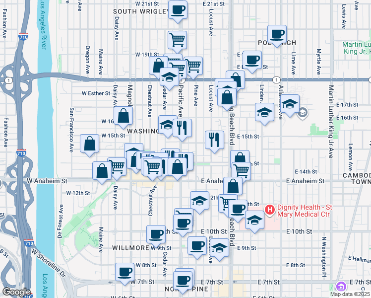 map of restaurants, bars, coffee shops, grocery stores, and more near 127 West 14th Street in Long Beach
