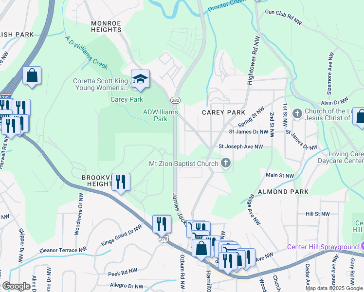 map of restaurants, bars, coffee shops, grocery stores, and more near 1092 Wedgewood Drive Northwest in Atlanta