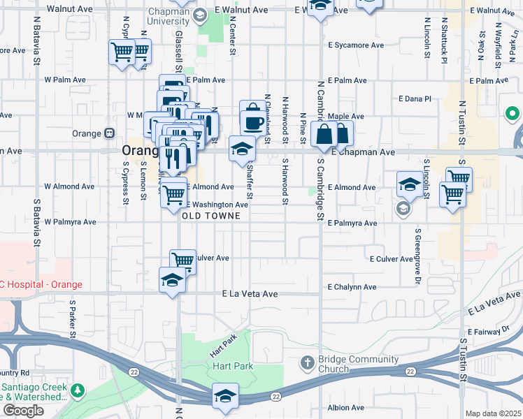 map of restaurants, bars, coffee shops, grocery stores, and more near 532 East Washington Avenue in Orange
