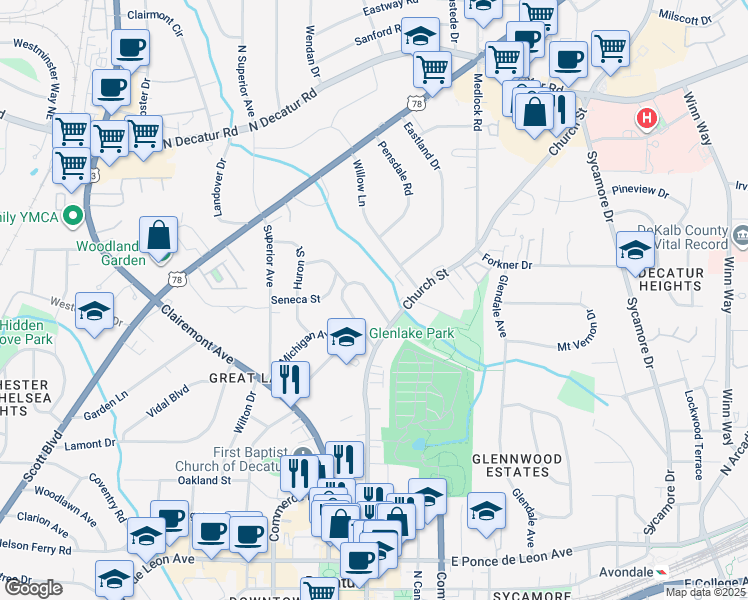 map of restaurants, bars, coffee shops, grocery stores, and more near Lucerne Street in Decatur