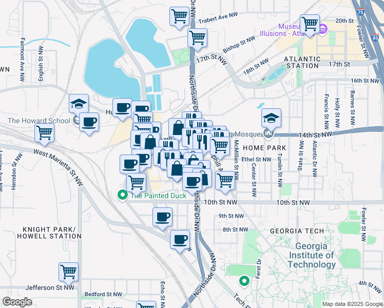 map of restaurants, bars, coffee shops, grocery stores, and more near 1104 Northside Drive Northwest in Atlanta