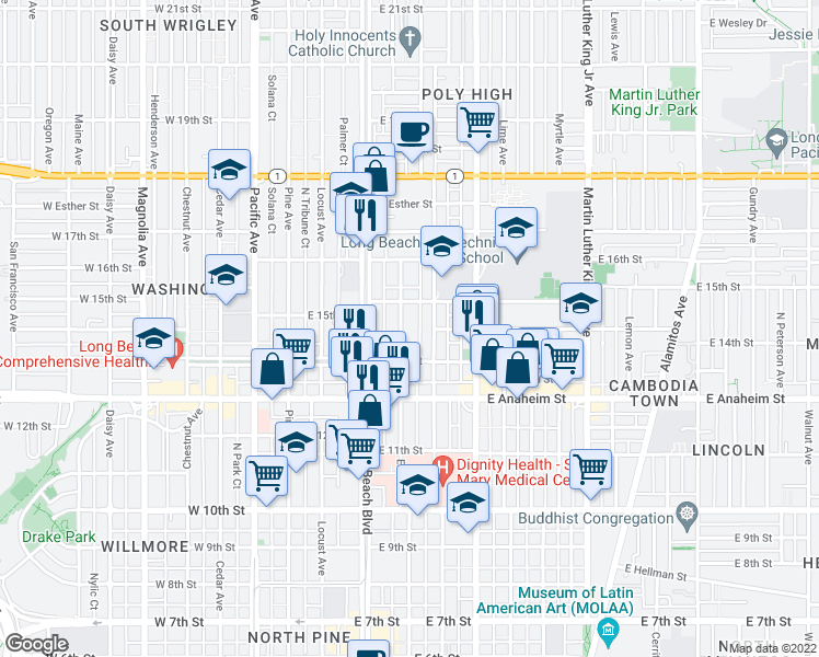 map of restaurants, bars, coffee shops, grocery stores, and more near 1456 Elm Avenue in Long Beach