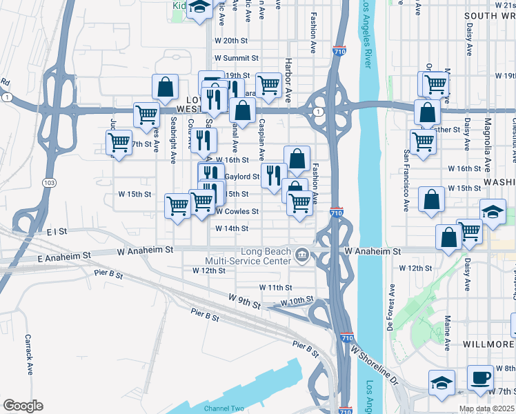 map of restaurants, bars, coffee shops, grocery stores, and more near 1511 West Cowles Street in Long Beach