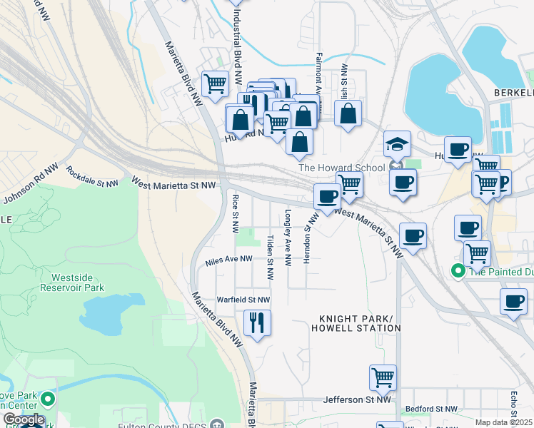 map of restaurants, bars, coffee shops, grocery stores, and more near 1096 Tilden Street Northwest in Atlanta