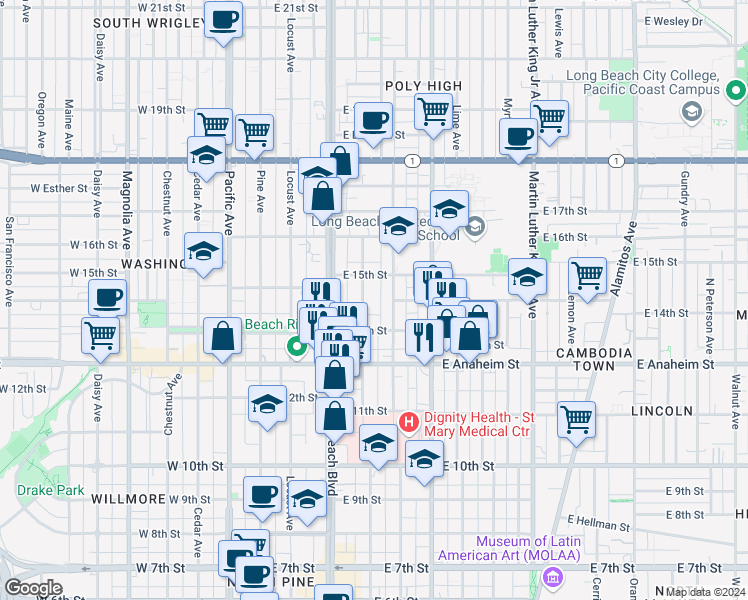 map of restaurants, bars, coffee shops, grocery stores, and more near 1456 Elm Avenue in Long Beach