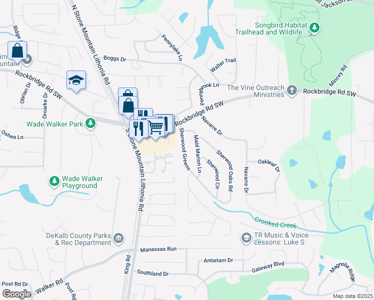 map of restaurants, bars, coffee shops, grocery stores, and more near 450 Sherwood Greens in Stone Mountain