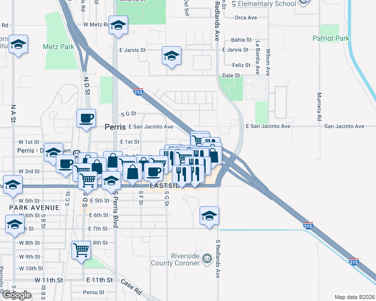 map of restaurants, bars, coffee shops, grocery stores, and more near 250 Wilkerson Avenue in Perris